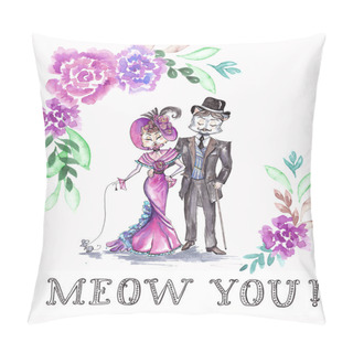 Personality  Watercolor Saint Valentine's Day Cute Cats In Love, Funny Characters, Whimsical Design, Anniversary Wedding Card Design, Married Couple, Sweet Deco, Retro Style Fashion Illustration Pillow Covers