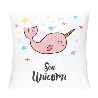 Personality  Colorful Illustration Of Childish Sticker For Print. Vector Whale-unicorn Sticker  Pillow Covers