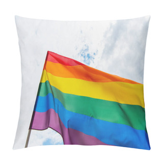 Personality  Low Angle View Of Colorful Lgbt Flag Against Sky With Clouds Pillow Covers