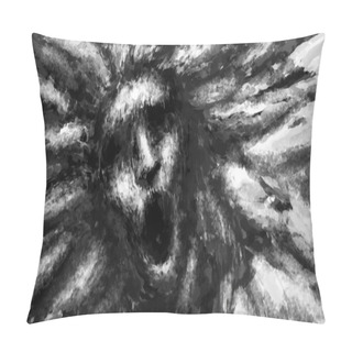 Personality  Illustration Of Scary Woman Face. Black And White Horror Genre Picture. Spooky Image Of Beast From Nightmares. Gloomy Character Concept. Fantasy Drawing For Creepy Halloween. Coal And Noise Effects. Pillow Covers