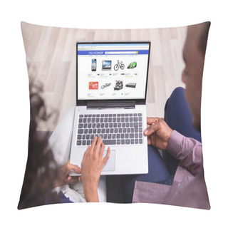 Personality  Couple Using Laptop For Shopping Online At Home Pillow Covers