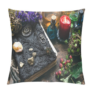 Personality  Spell Book, Magic Potions And Other Various Witchcraft Accessories On The Wizard Table Background. Pillow Covers