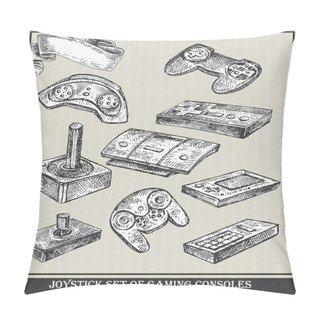 Personality  Joystick Set Of Gaming Consoles From Different Generations. Vector Sketch Illustration Pillow Covers