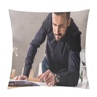 Personality  Handsome Architect Looking At Blueprints On Table Pillow Covers