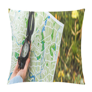 Personality  Panoramic Shot Of Woman Holding Map And Vintage Compass Outside  Pillow Covers
