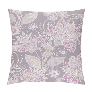 Personality  Seamless Pattern. Decorative Decoration, Paisley Element, Delicate Textured Silver Leaves Made Of Thin Lace And Pearls, Thread Of Beads, Bud Pastel Pink Rose, Butterfly. Openwork Weaving Delicate. Pillow Covers