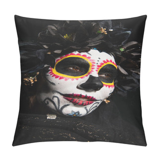 Personality  Portrait Of Woman In Mexican Santa Muerte Costume Looking Away Isolated On Black  Pillow Covers