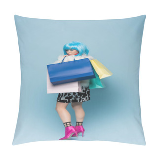 Personality  Trendy Asian Woman In Heels And Fluffy Jacket Holding Shopping Bags On Blue Background  Pillow Covers