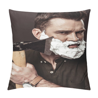 Personality  Serious Handsome Man With Foam On Face Shaving Beard With Ax Isolated On Brown Pillow Covers