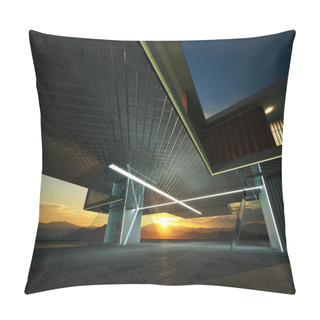 Personality  Closeup And Perspective View Of Empty Cement Floor With Steel And Glass Modern Building Exterior . 3D Rendering And Real Images Mixed Media . Pillow Covers