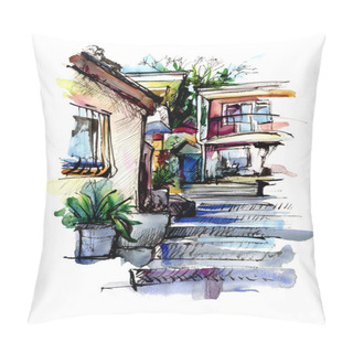 Personality  Watercolor Painting On Paper Of Old Street In Gurzuf Pillow Covers