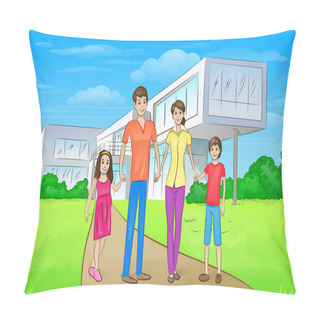 Personality  Family Standing Near  House Pillow Covers