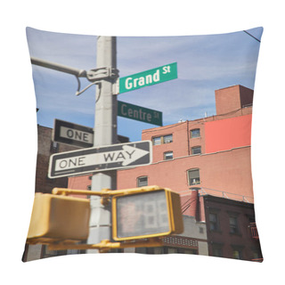 Personality  Buildings And Traffic Signs Showing Directions On Crossroad In New York City, Urban Signage Pillow Covers