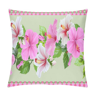 Personality  Horizontal Floral Border Pink Rose, Hibiscus, Green Leaves, Patt Pillow Covers