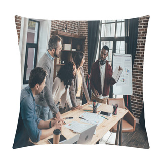 Personality  Focused Multiethnic Group Of Colworkers Having Meeting And Discussing Together New Project In Modern Loft Office Pillow Covers