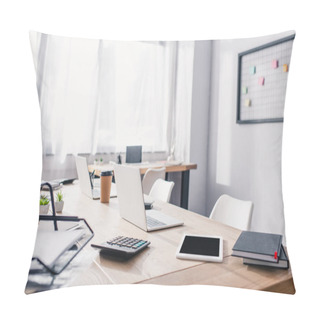 Personality  Selective Focus Of Digital Tablet, Laptops And Stationery On Office Table  Pillow Covers