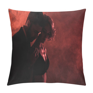 Personality  Man Tenderly Hugging Beautiful Woman On Red Smoke Background  Pillow Covers