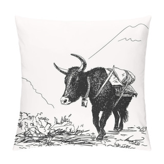 Personality  Vector Sketch Of Black Cow Yak In Himalaya Mountains, Hand Drawn Illustration Pillow Covers