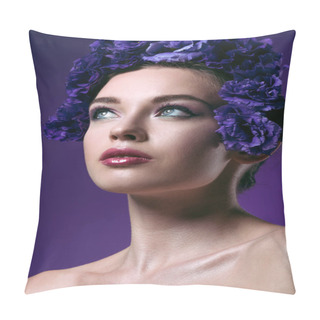 Personality  Close-up Portrait Of Attractive Young Woman With Eustoma Flowers Wreath On Head Looking Away Isolated On Purple Pillow Covers
