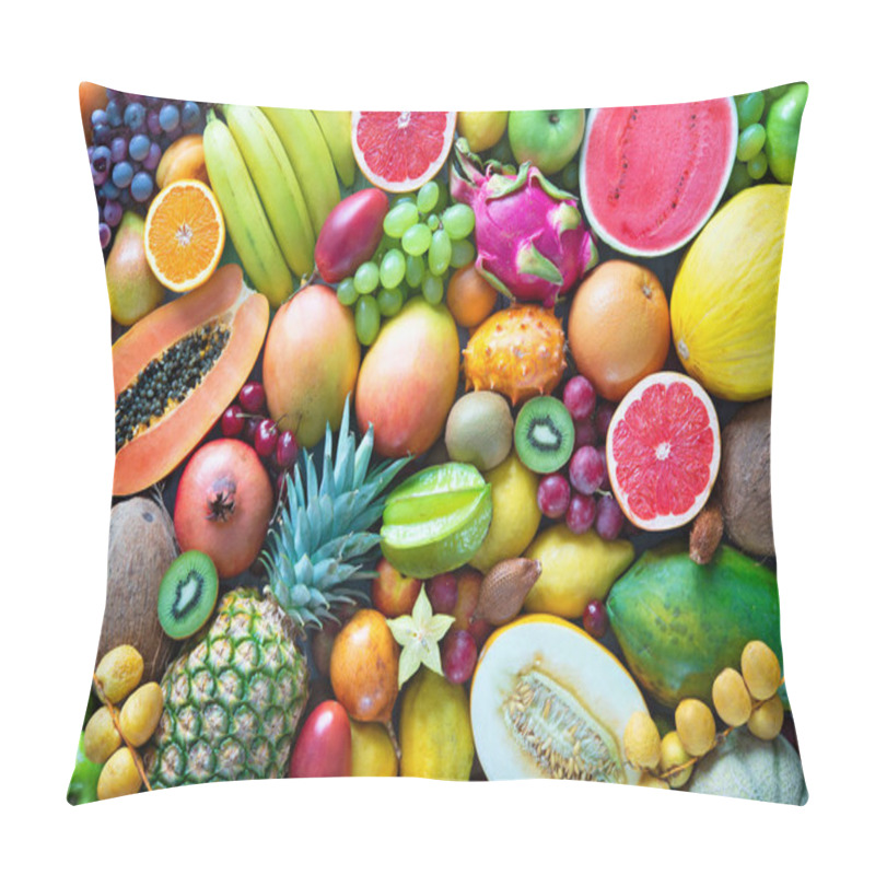 Personality  Food Background. Assortment Of Colorful Ripe Tropical Fruits. Top View Pillow Covers