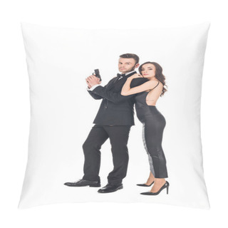 Personality  Attractive Elegant Woman Hugging Male Secret Agent With Gun, Isolated On White Pillow Covers