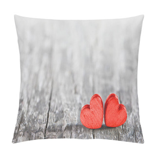 Personality  Two Red Painted Handmade Hearts On Old Cracked Wooden Background With Copy Space For Text Pillow Covers