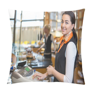 Personality  Shopkeeper And Saleswoman At Cash Register Or Cash Desk Pillow Covers