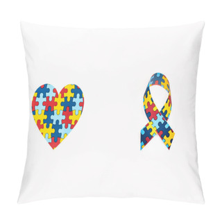 Personality  Top View Of Puzzle Heart And Awareness Ribbon Isolated On White, Autism Concept Pillow Covers