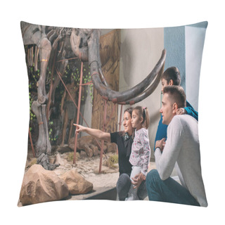 Personality  Family In The Museum. A Family Stands In Front Of A Mammoth Skeleton In The Museum Of Paleontology. Pillow Covers