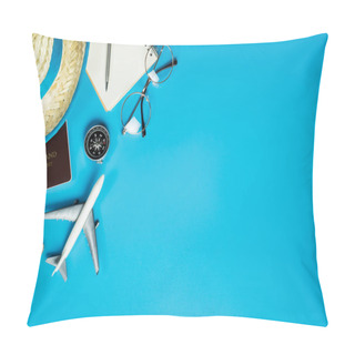 Personality  Travel Accessories And Fashion On Blue Copy Space For Travel Poster. Pillow Covers