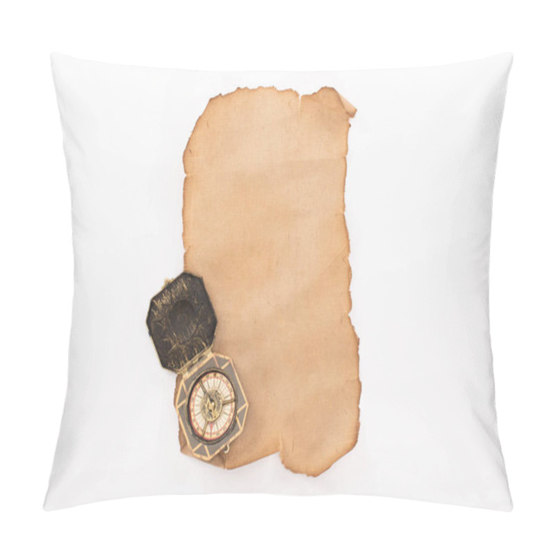 Personality  top view of vintage compass on aged empty paper isolated on white pillow covers