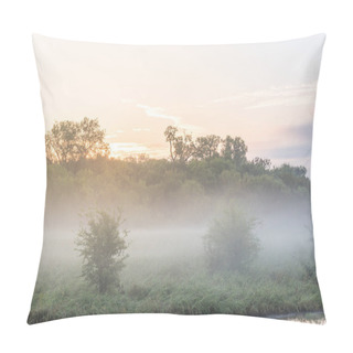 Personality  Wet Land Misty Morning Landscape At Nature Trail Near Dallas, Texas, America. Summer Foggy Landscape With Sunrise Warm Light Backlit Behind Woody Tree Lush. Natural Background. Pillow Covers