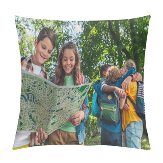 Personality  Selective Focus Of Happy Kids Looking At Map Near Multicultural Friends Hugging In Park  Pillow Covers