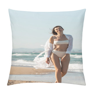 Personality  Happy Young Woman In White Shirt And Swimwear Walking On Sea Shore  Pillow Covers