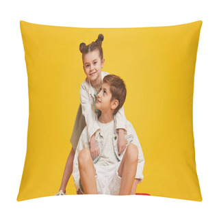 Personality  Cool Trendy Boy With Longboard Embracing Adorable Little Girl In Stylish Outfit And Looking Together At Camera On Yellow Background Pillow Covers