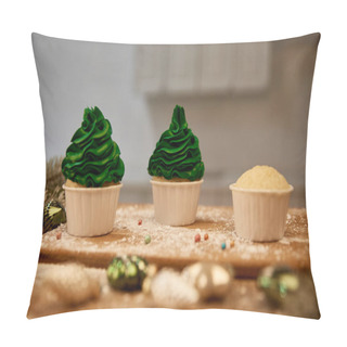 Personality  Selective Focus Of Tasty Cupcakes With Christmas Balls And Spruce Branch On Table Pillow Covers