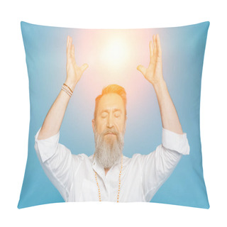 Personality  Master Guru Meditating With Closed Eyes And Raised Hands Near Shining Aura Isolated On Blue Pillow Covers