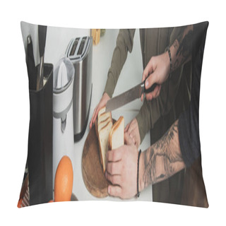 Personality  Cropped View Of Couple Preparing Breakfast And Cutting Bread In Kitchen Pillow Covers