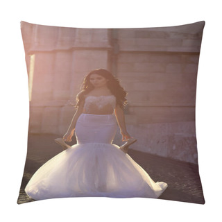 Personality  Beautiful Tender Young Woman Sexy Brunette Bride In A Luxury White Wedding Dress Hold Shoes At The Castle Summer Happiness Awaits The Groom Before The Wedding Ceremony Pillow Covers