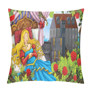 Personality  Cartoon Scene Of Rose Garden With Sleeping Princess Near Castle In The Background Illustration For Children Pillow Covers