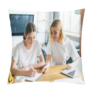 Personality  Cheerful Woman Looking At Sister Writing In Notebook Neat Laptop, Online Study Concept Pillow Covers