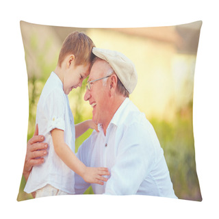 Personality  Portrait Of Happy Grandfather And Grandson Bow Their Heads Pillow Covers