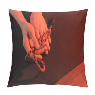 Personality  Partial View Of Woman Holding Rosary On Black Surface  Pillow Covers