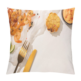 Personality  Top View Of Fried Shrimps On Parchment Paper With Cutlery, Grilled Corn, Pepper, Sauce And Lime On White Background Pillow Covers
