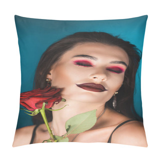 Personality  Young Woman With Dark Makeup With Closed Eyes Near Red Rose On Blue Pillow Covers