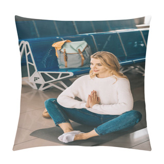 Personality  High Angle View Of Smiling Young Woman Meditating In Lotus Position While Waiting Flight In Airport Terminal Pillow Covers