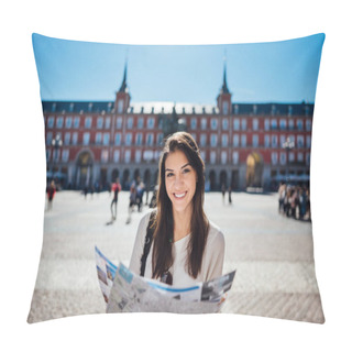 Personality  Visiting Famous Landmarks And Places.Cheerful Female Traveler At Famous Plaza Mayor Square Reading A Map. Marid,Spain Travel Experience. Pillow Covers
