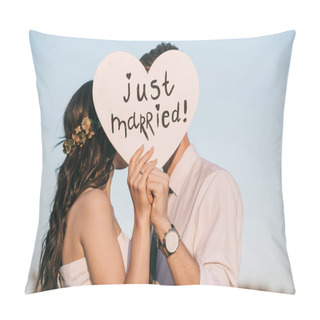 Personality  Young Wedding Couple Kissing And Holding Heart With Just Married Inscription  Pillow Covers