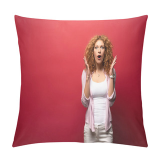 Personality  Beautiful Shocked Redhead Woman Gesturing Isolated On Red Pillow Covers