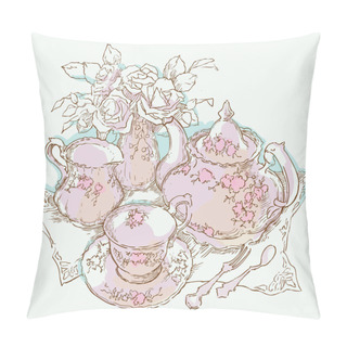 Personality  Hand Made Sketch Of Tea Sets. Vector Illustration. Pillow Covers